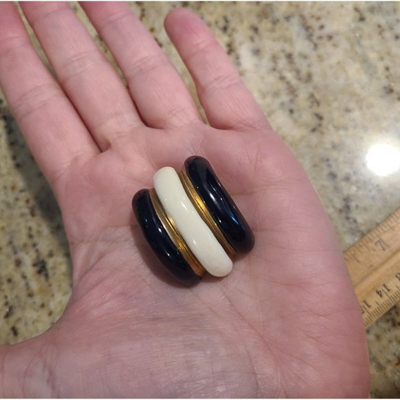 Donald Stannard Black White Gold Large Chunky Enamel Clip Earrings Half Hoop - Picture 13 of 14